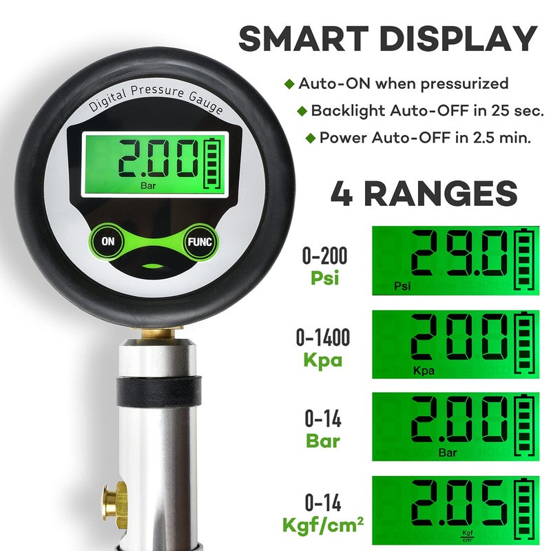 CycloSpirit Digital Bicycle Tire Inflator Gauge with Auto-Select Valve Type - Presta and Schrader Air Compressor Tool - Image 3